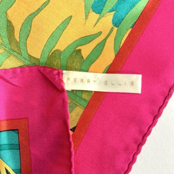 Perry Ellis Oblong Silk Scarf Bright Green Pink Tropical Floral 17x64” Japan Vtg - Picture 11 of 12
